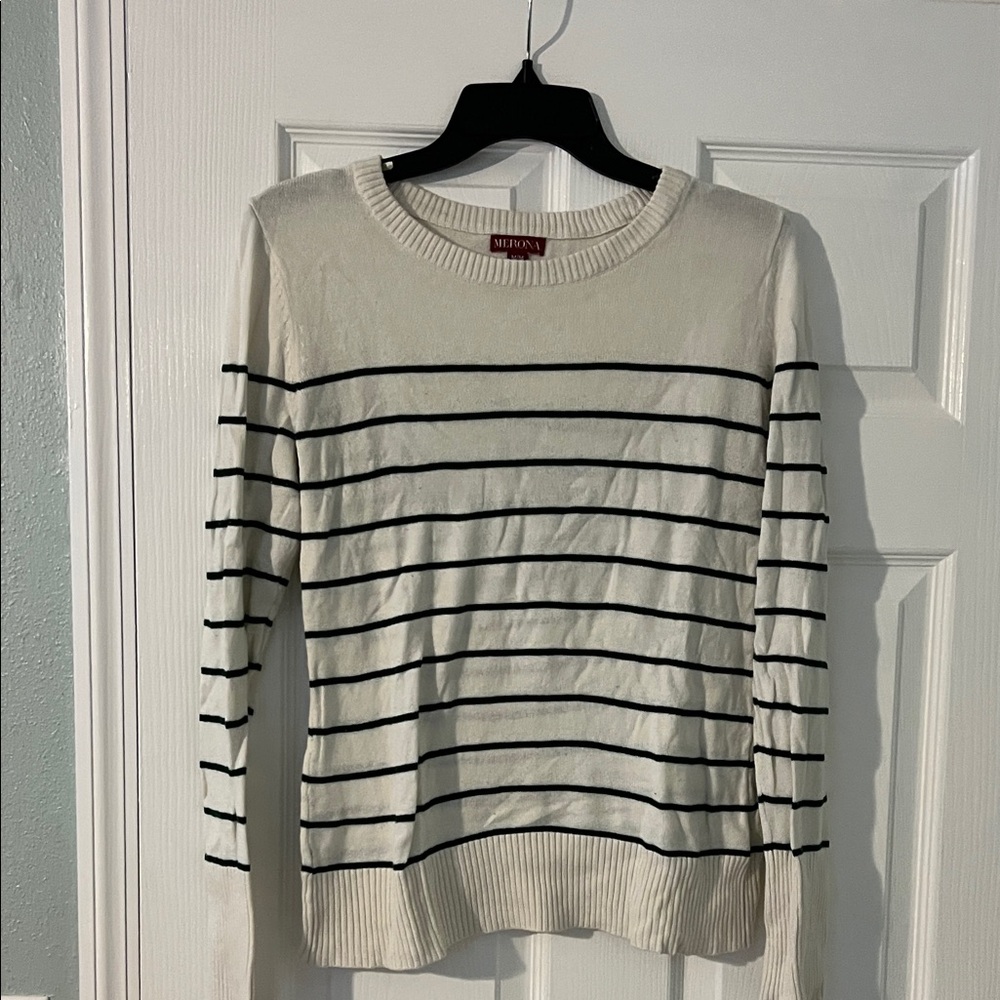 Merona Cream and green Striped Womens Crewneck Sweater